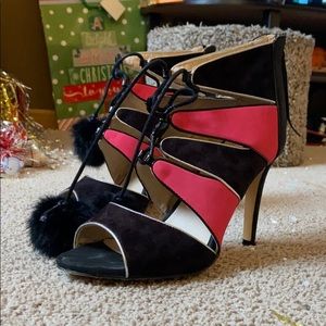 Black and pink Heels with furry ankle straps